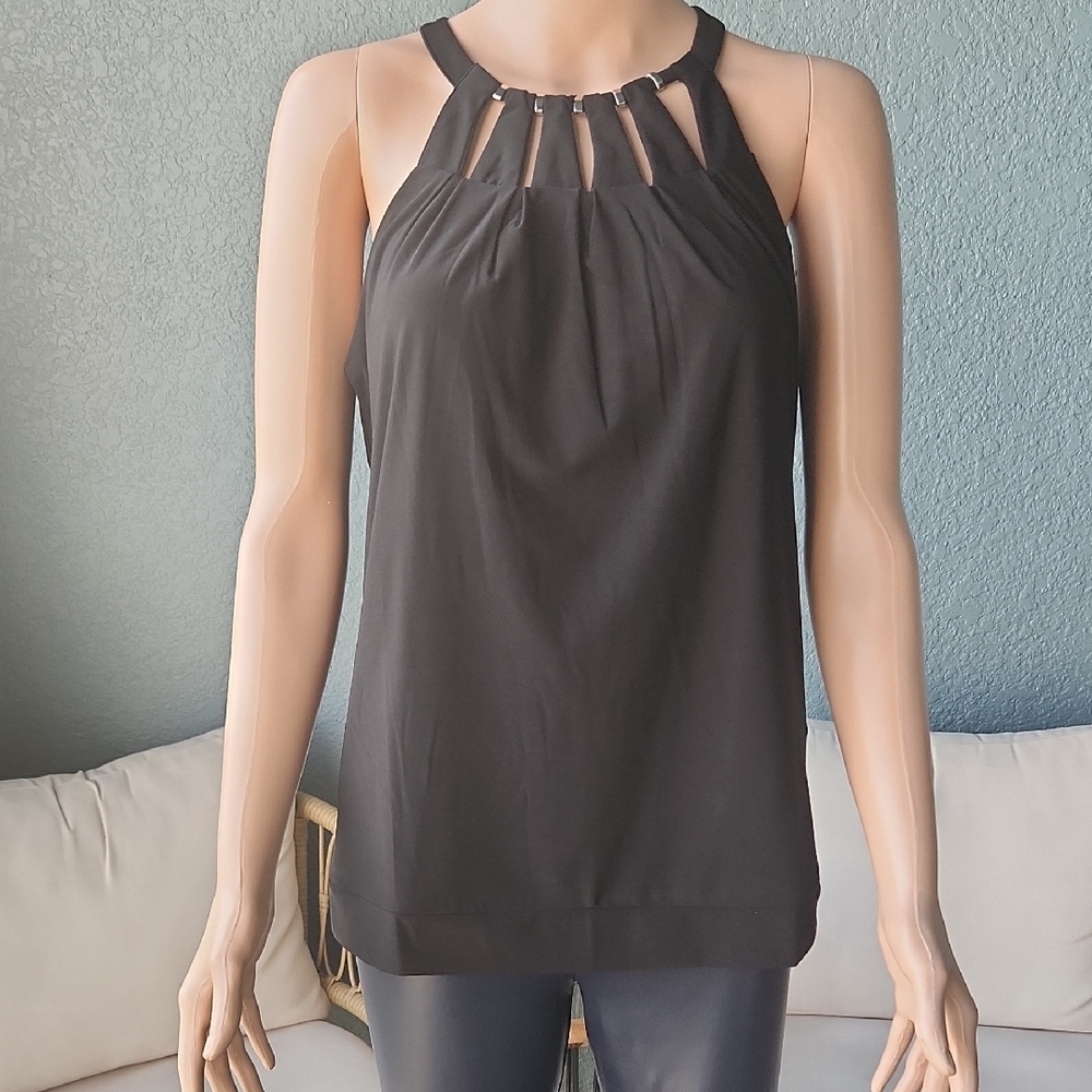 White House Black Market Black Halter Tank with Ladder Neck Detail
